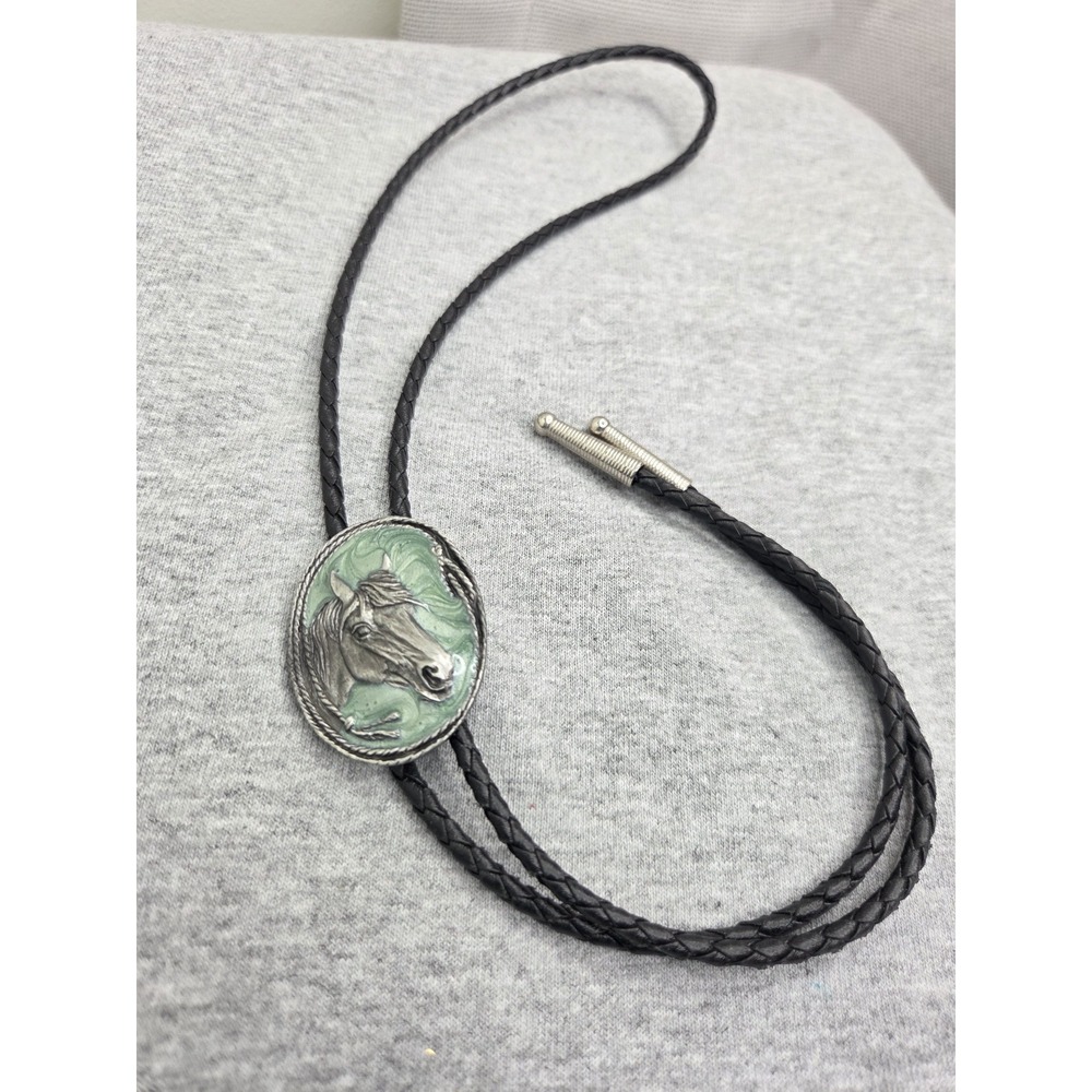 Vintage 1985 Siskiyou Horse Stallion Leather Bolo Tie Blue Turquoise Enamel